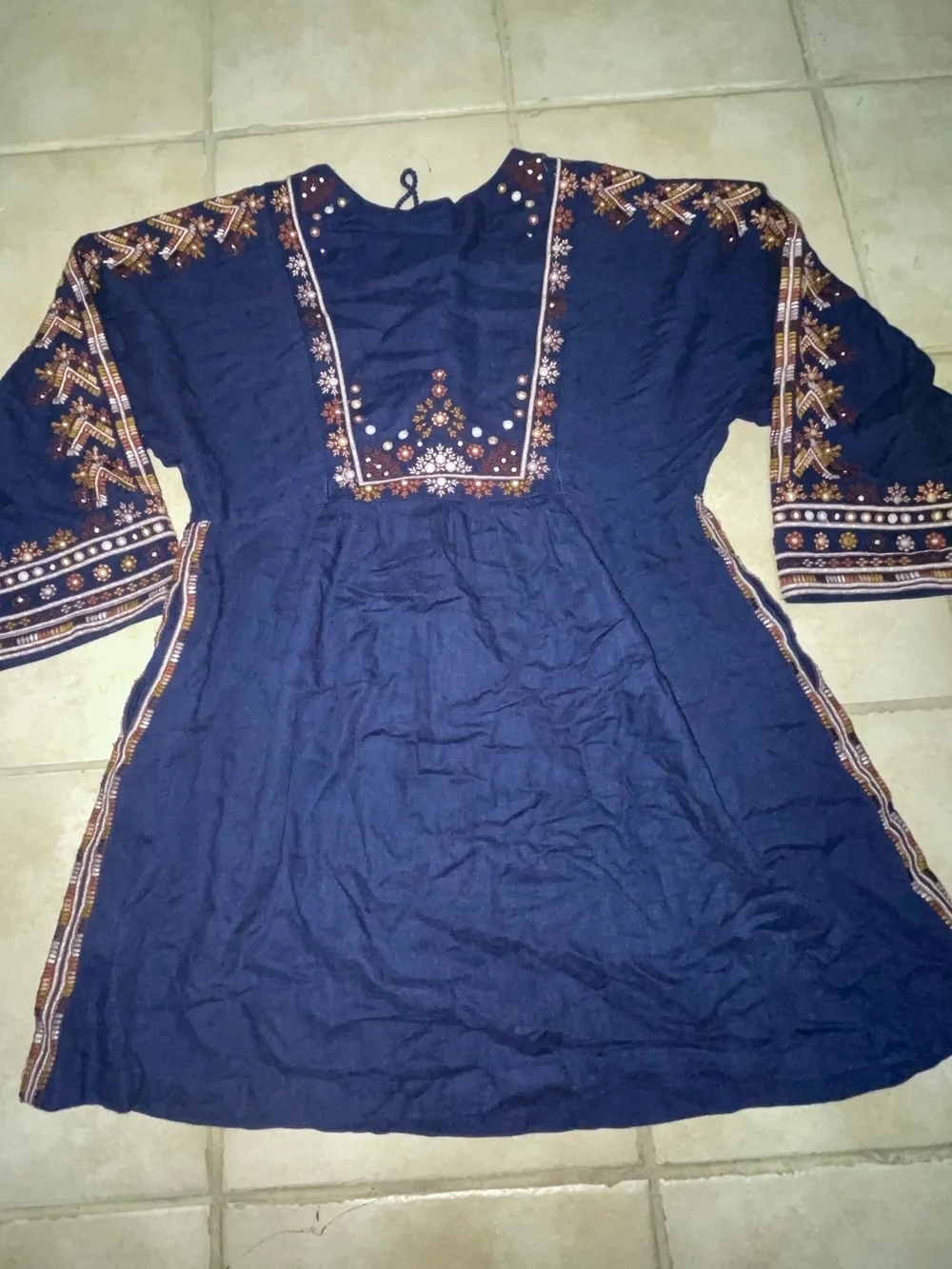 Free People Embroidered Boho Blue Dresses Jolene Bell Sleeve Swing M